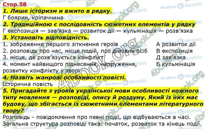 ГДЗ Українська література 7 клас сторінка Стр.58 (1-5)